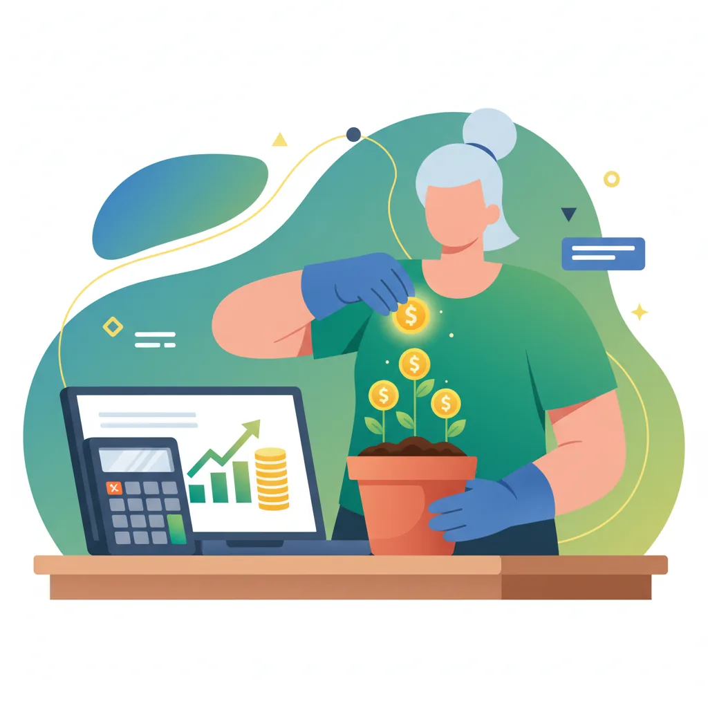 Pessoa plantando sementes de dinheiro em um vaso, com calculadora e laptop, simbolizando o início de uma renda extra e crescimento financeiro.