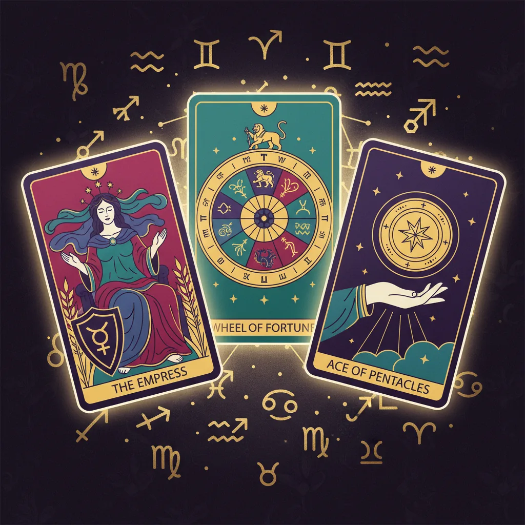 Ilustração de cartas de Tarô relacionadas a dinheiro e finanças, com símbolos dos signos ao fundo.