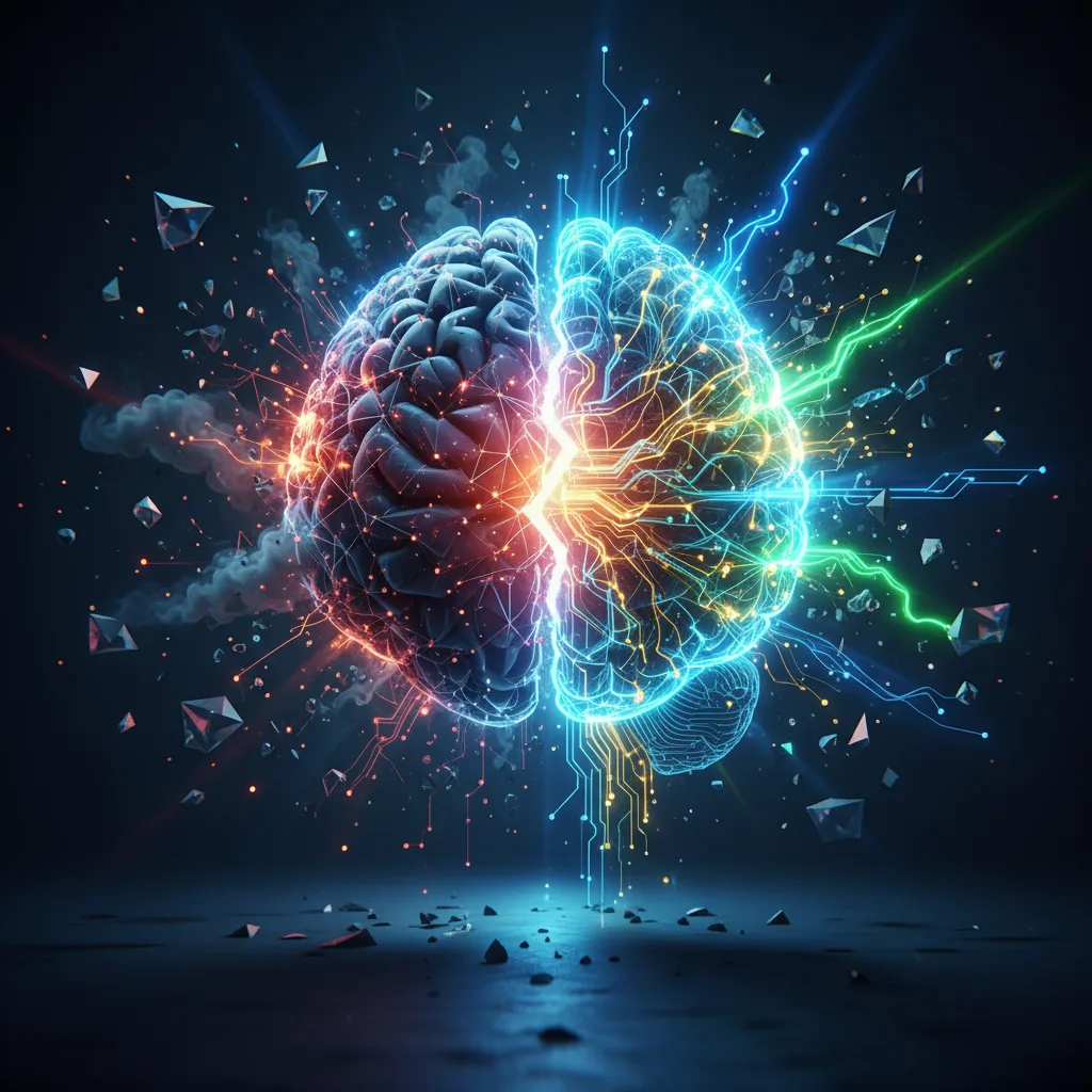 Ilustração da crise na OpenAI com um cérebro digital fraturado, simbolizando as lições para empresas em 2026.