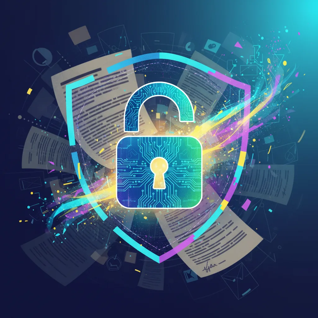 Representação visual de documentos legais e um cadeado digital, simbolizando a privacidade e a conformidade nas empresas em 2026.