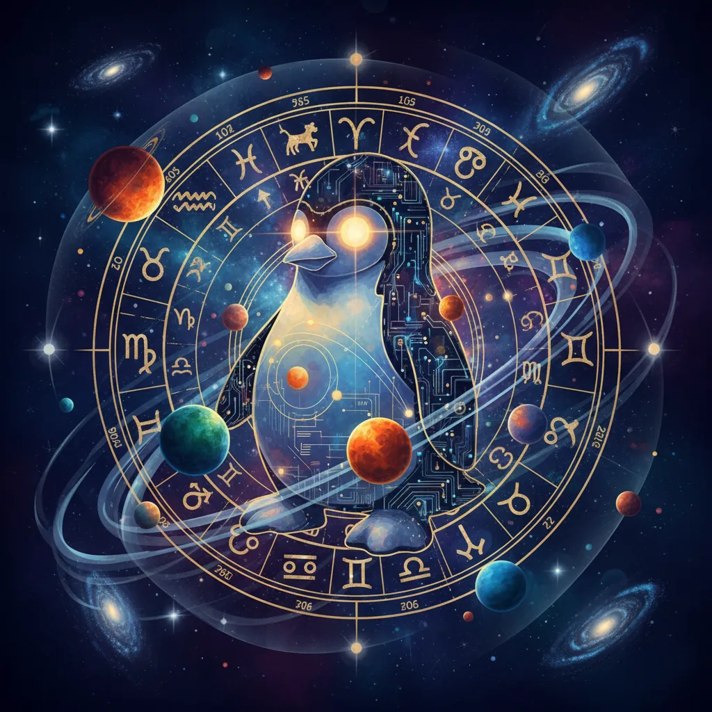 Ilustração do software Zodia para Linux, mostrando a fusão da astrologia com a tecnologia de código aberto.