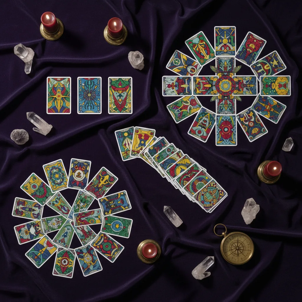 Sete cartas de tarô dispostas em diferentes tiragens sobre uma mesa de veludo roxo com velas e cristais.