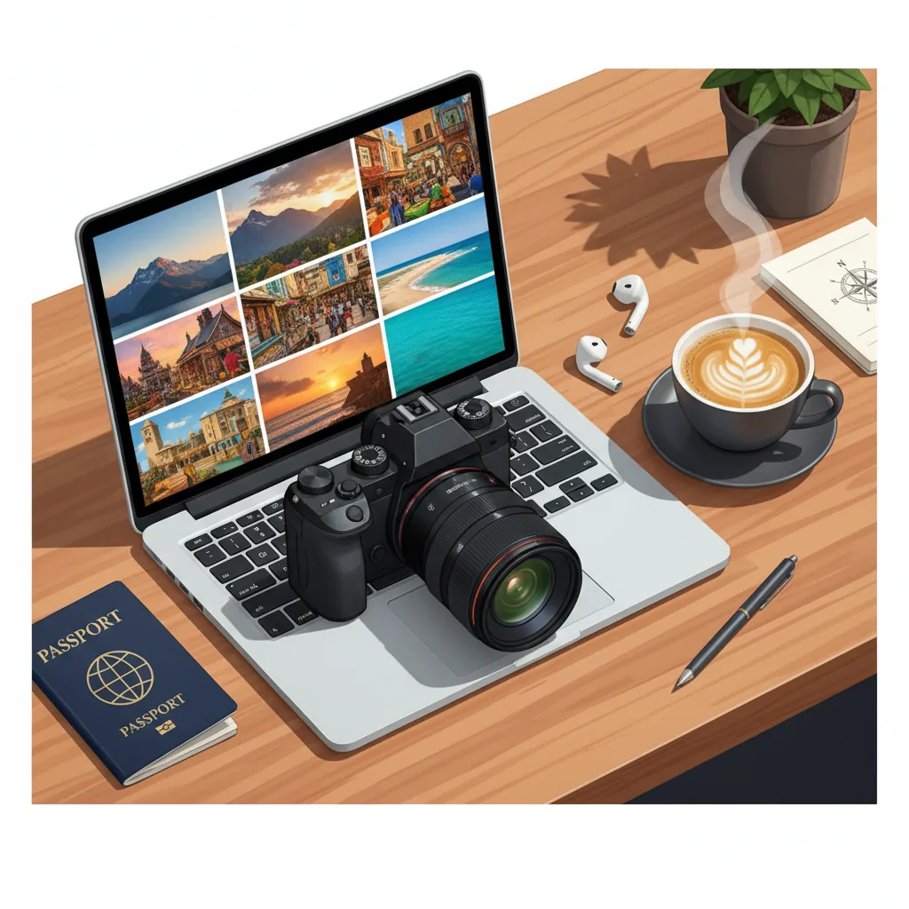 Guia prático sobre como vender fotos na internet, mostrando uma câmera e um laptop com um portfólio de imagens.