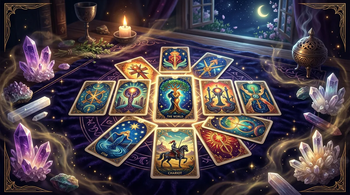 Cartas de tarô sobre uma mesa de madeira com elementos místicos e luz suave, ilustrando a regência do mês de abril.