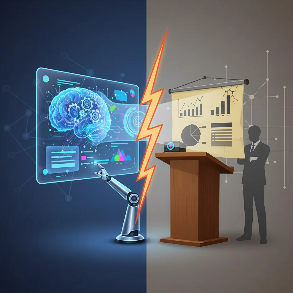 Comparação de software de apresentação com IA e tradicional, destacando inovações e desafios de compatibilidade.