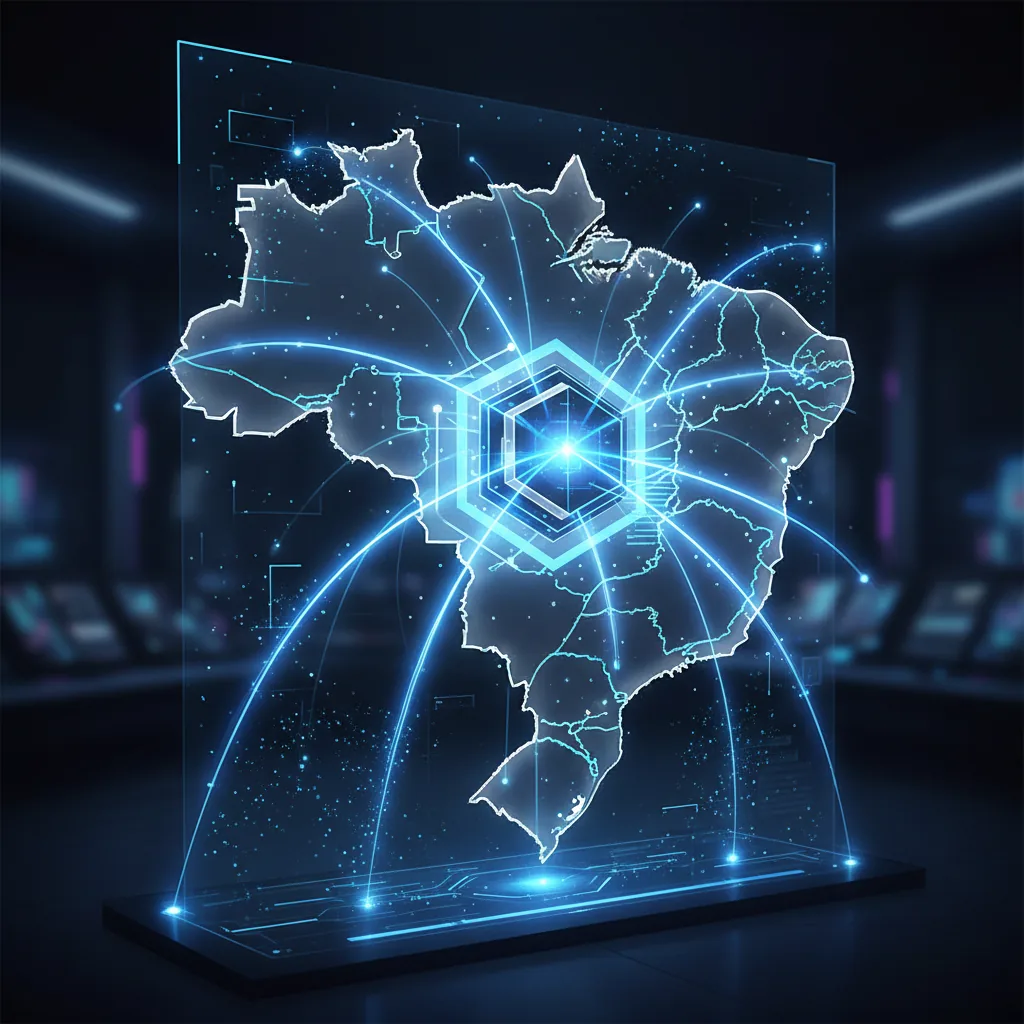 Ilustração digital de um cérebro tecnológico processando dados e conectando logotipos de empresas brasileiras com assistentes virtuais em 2026.