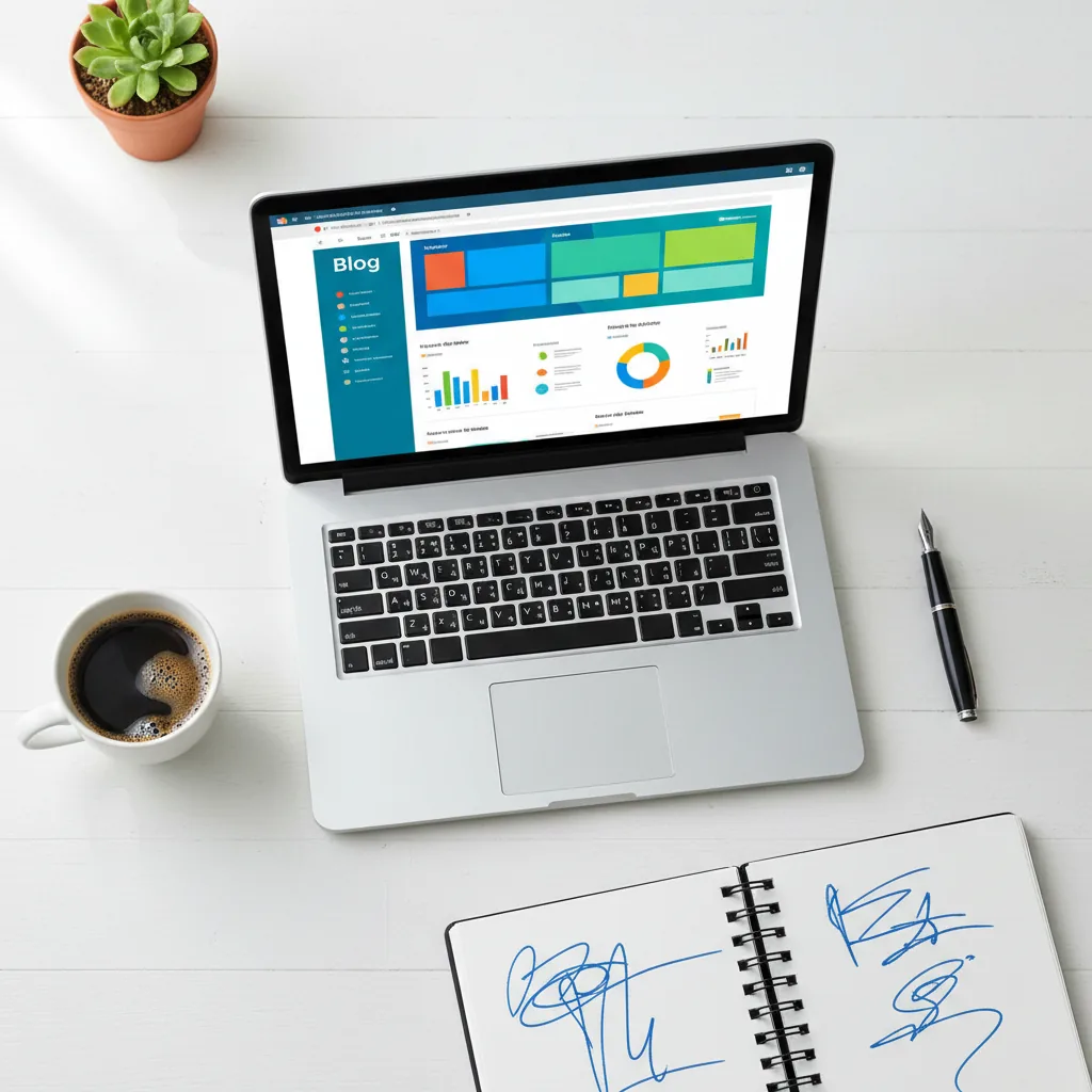 Notebook em uma mesa de trabalho com a interface de uma plataforma de blog na tela, indicando o processo de criação de conteúdo para ganhar dinheiro online em 2026.
