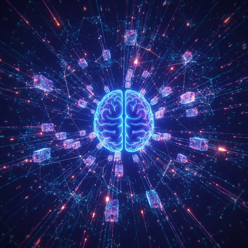 Representação abstrata de agentes de IA para SEO analisando dados em uma rede neural.