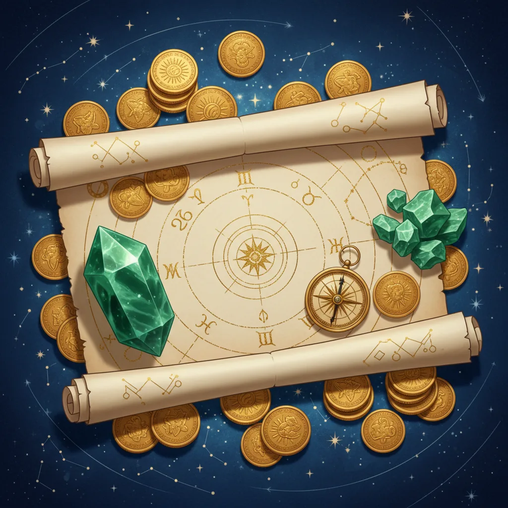 Gráfico de astrologia ao lado de moedas douradas, representando a conexão entre astrologia e dinheiro em 2026.
