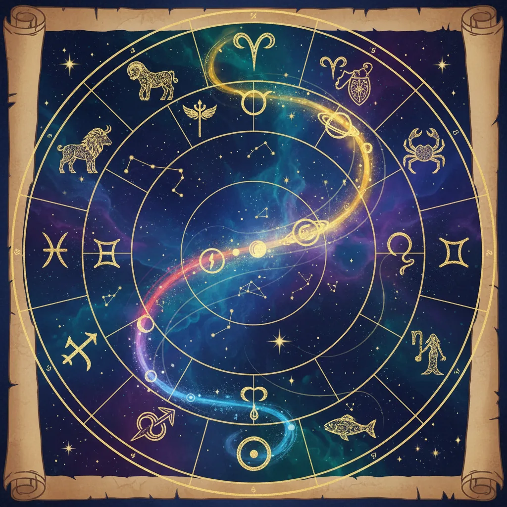 Representação mística de um mapa celestial com signos do zodíaco e alinhamentos planetários para horóscopo diário