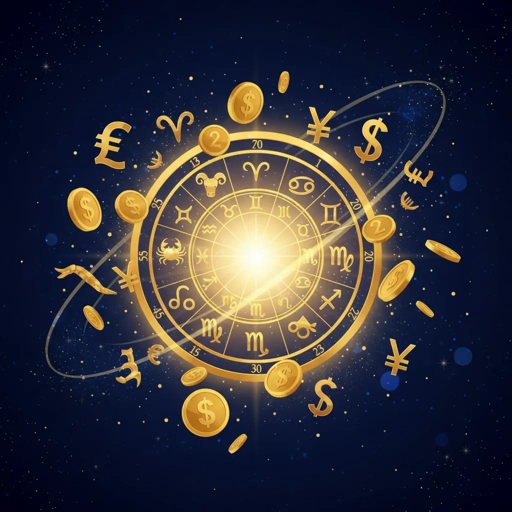 Representação artística da abundância financeira e símbolos astrológicos em dourado sobre fundo cósmico azul