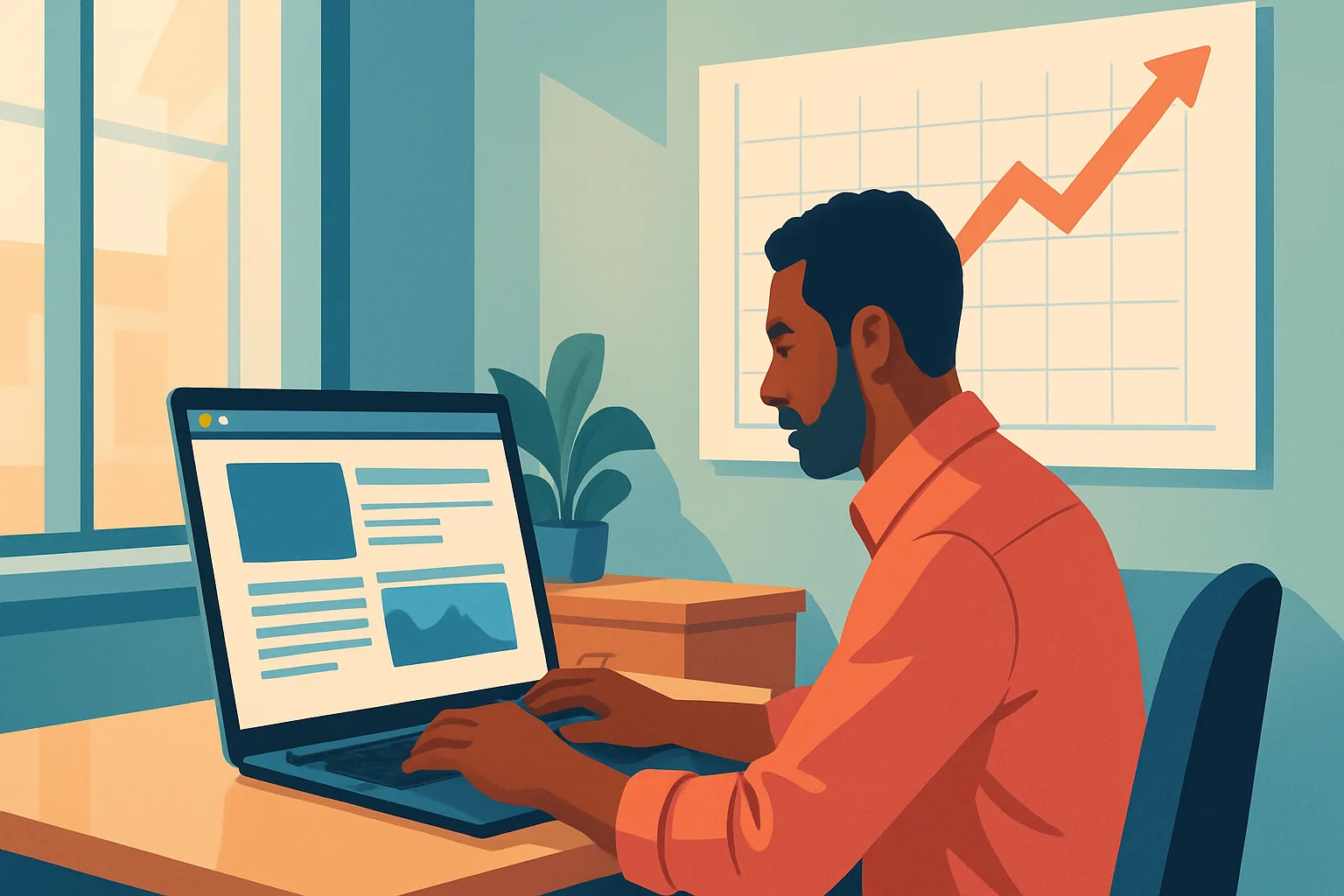 Dono de pequena empresa otimizando site para SEO em seu escritório, com gráficos de crescimento ao fundo.