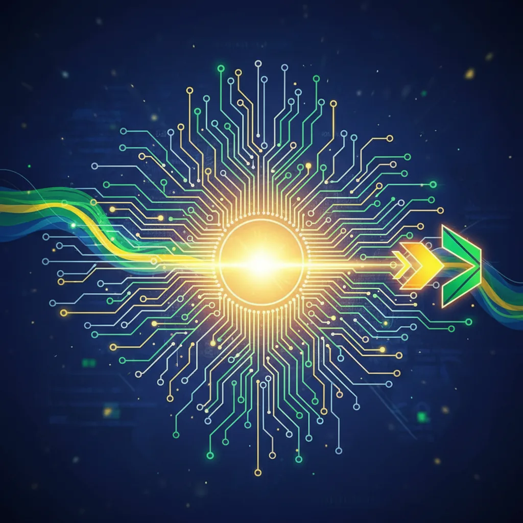 Ilustração abstrata de inteligência artificial recomendando uma empresa brasileira, com elementos de circuito e cores do Brasil.