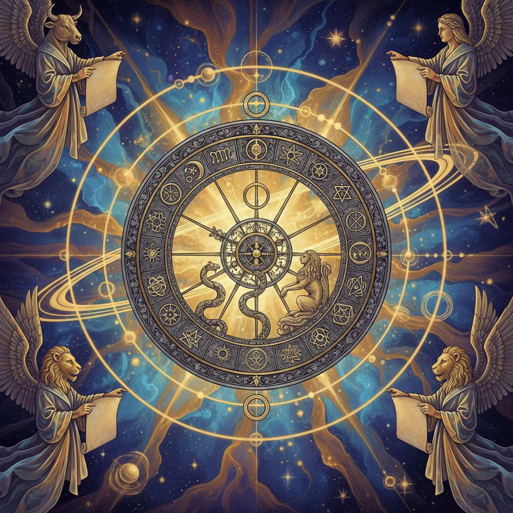 Ilustração simbólica da Roda da Fortuna, o arcano do tarô que rege 2026, mostrando os ciclos de mudança do ano.