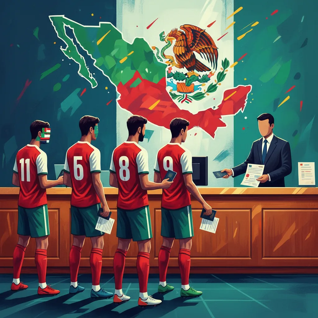 Seleção iraniana recebendo vistos, com mapa do México e bola de futebol ao fundo