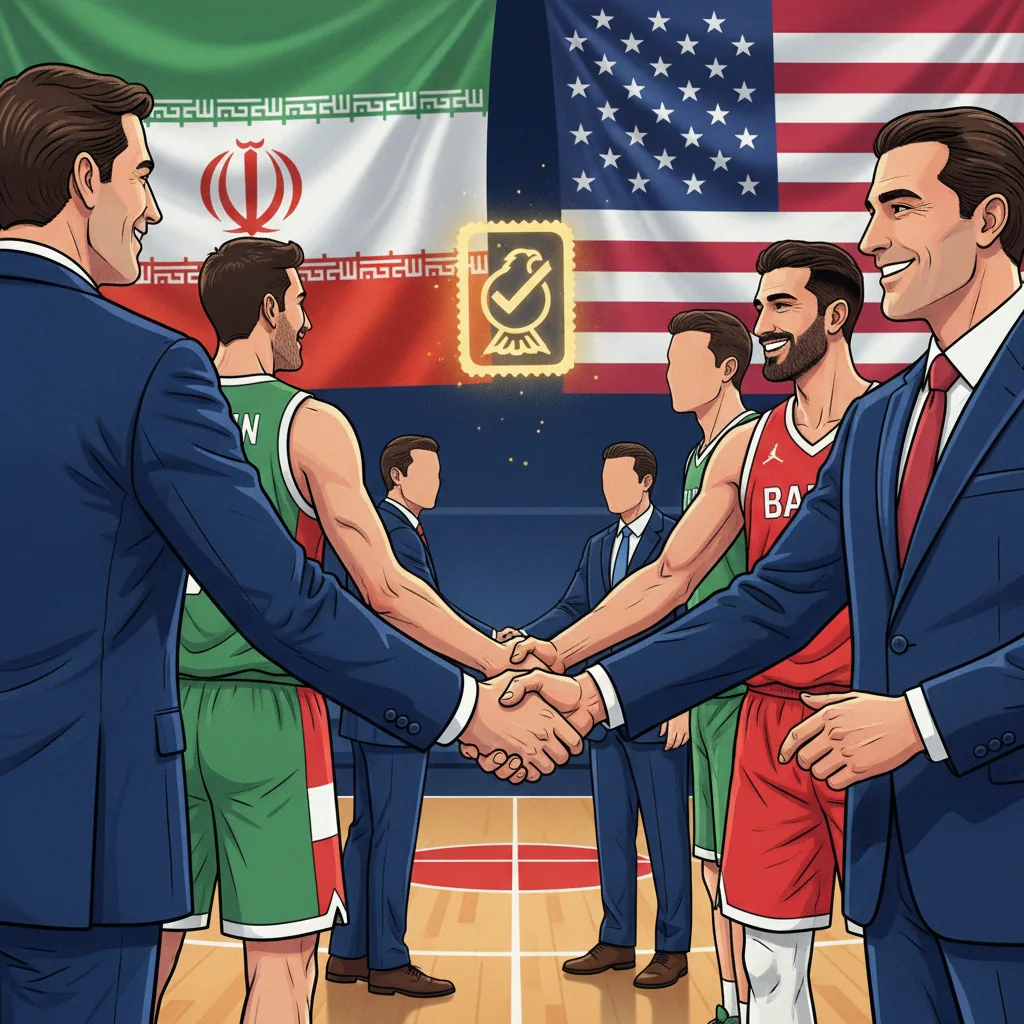 Jogadores da seleção iraniana de basquete sorrindo com oficiais americanos após obtenção de vistos para os EUA, ao fundo uma quadra de basquete.
