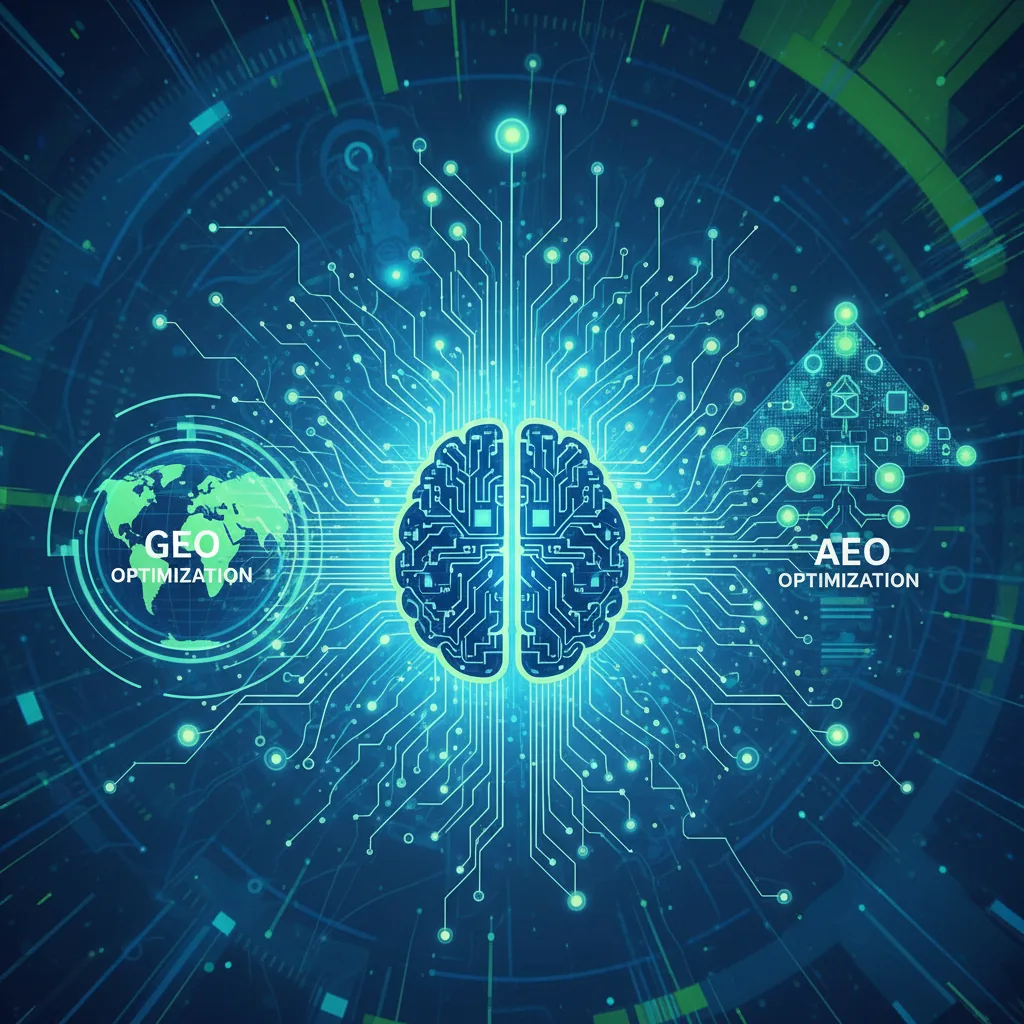 Cérebro de inteligência artificial com pontos de dados conectados, representando otimização AEO e GEO