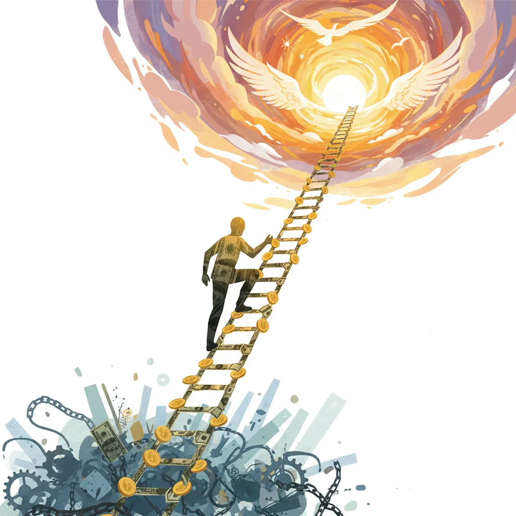 Ilustração abstrata de uma pessoa subindo uma escada de dinheiro em direção à liberdade financeira e empreendedorismo em 2026.