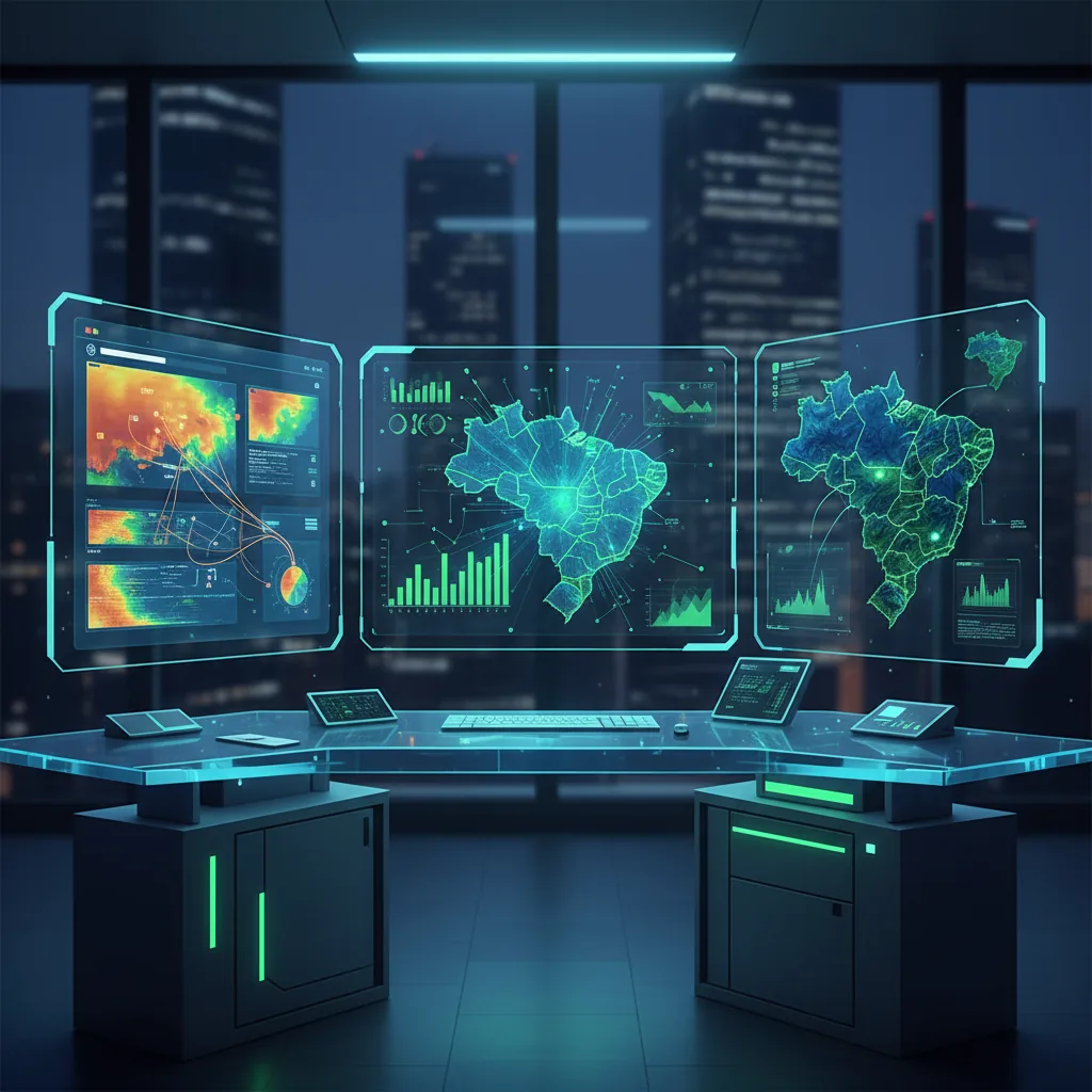 Ilustração de um ambiente de trabalho moderno com dashboard de métricas de blogs brasileiros de sucesso em 2026.