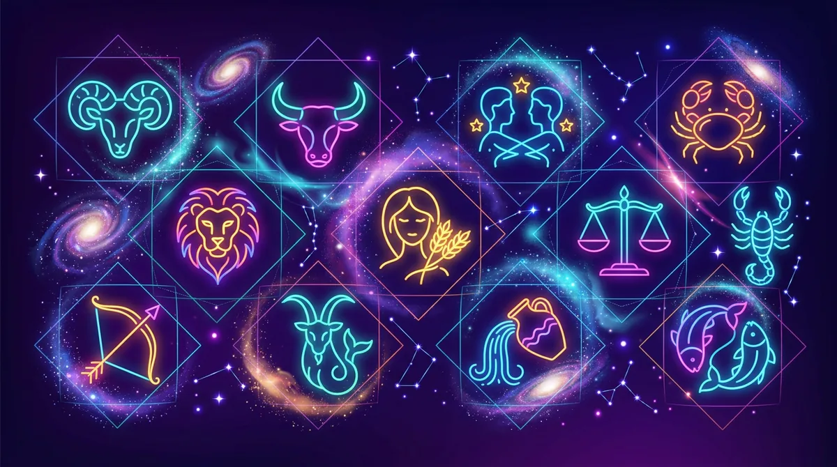 Ilustração digital moderna representando signos do zodíaco com cores vibrantes e elementos cósmicos abstratos simbolizando o horóscopo visual 2026.