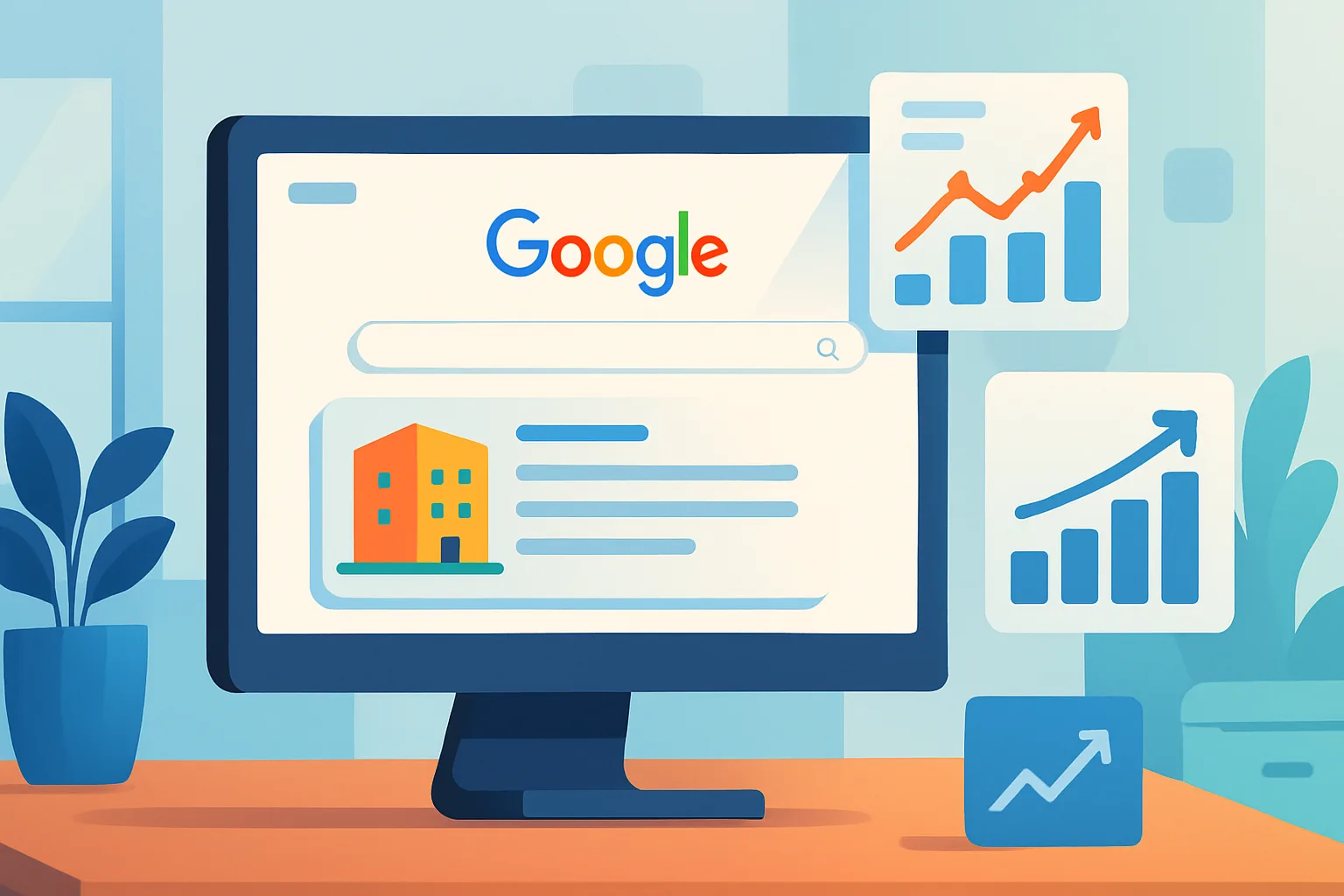 Monitor exibe empresa como primeiro resultado no Google em ambiente de escritório moderno