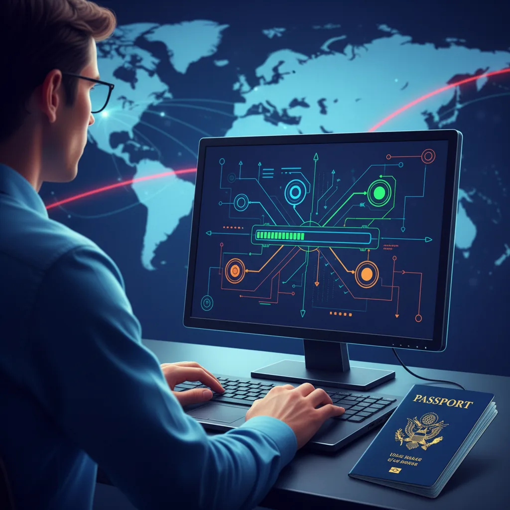 Pessoa acompanhando a renovação de visto americano em um computador, com passaporte e mapa-múndi no fundo.