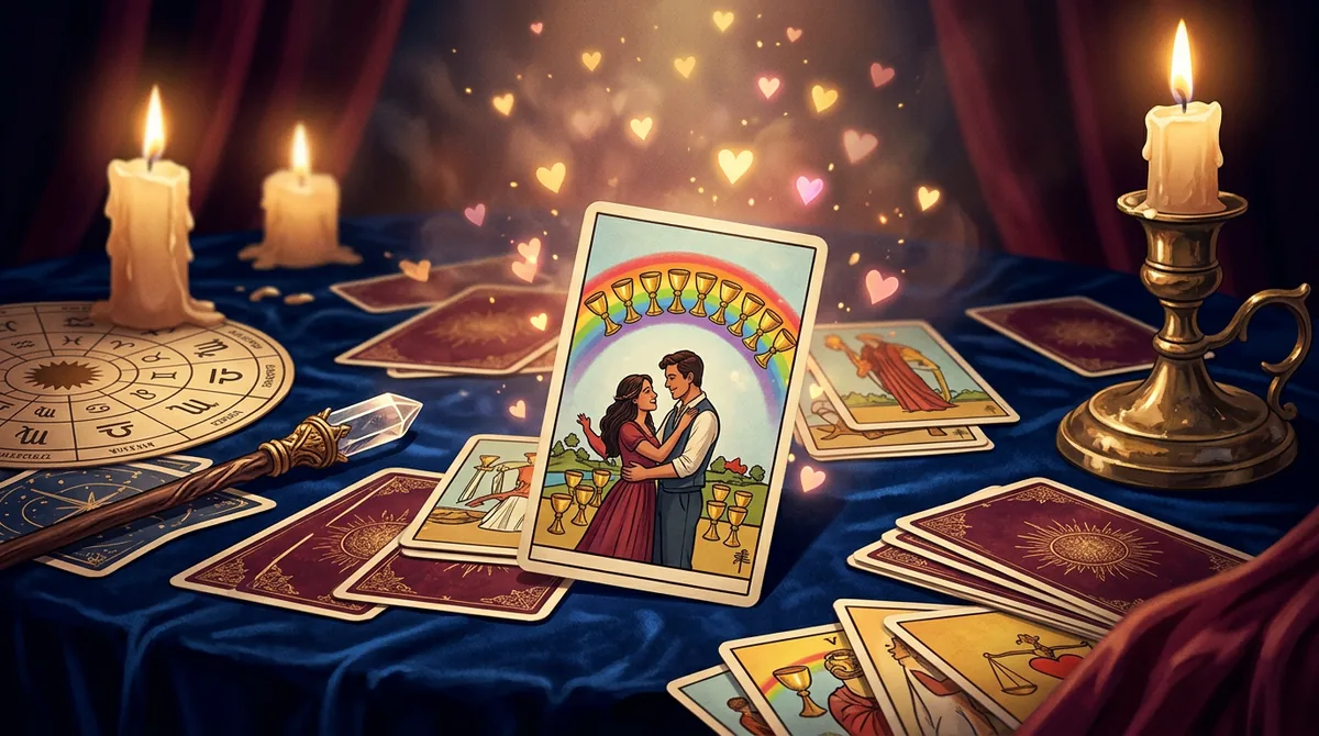 Ilustração artística de cartas de tarô com temática de amor e corações flutuando sob a luz da lua em abril de 2026