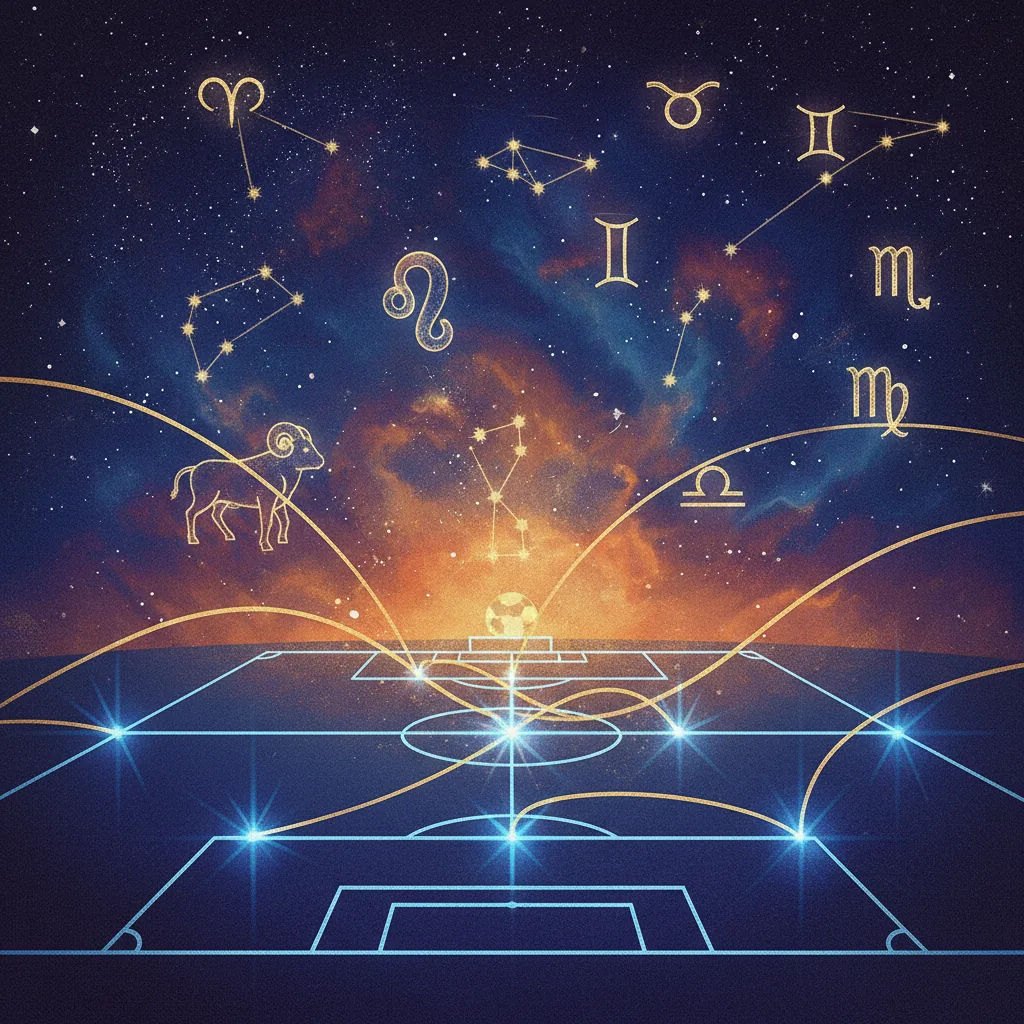 Ilustração de um campo de futebol sob um céu estrelado, simbolizando o uso da astrologia na seleção francesa.