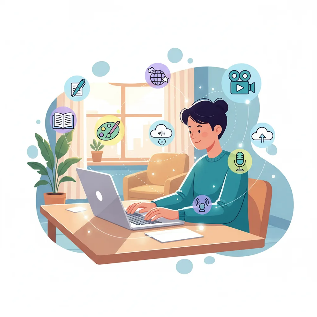 Pessoa trabalhando em laptop, com ilustrações de serviços freelance, buscando renda extra