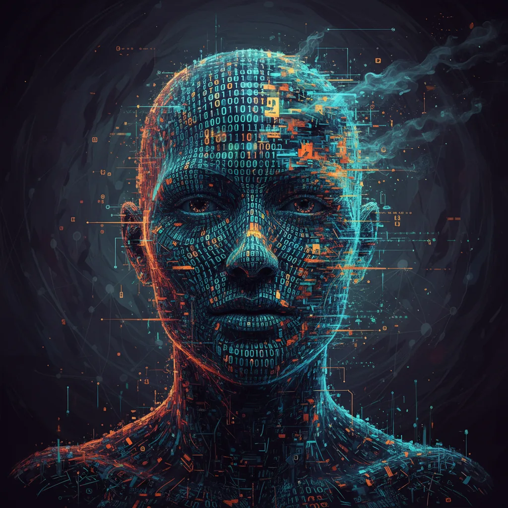 Rosto digital fragmentado por código binário, ilustrando o perigo das notícias falsas com IA em 2026.