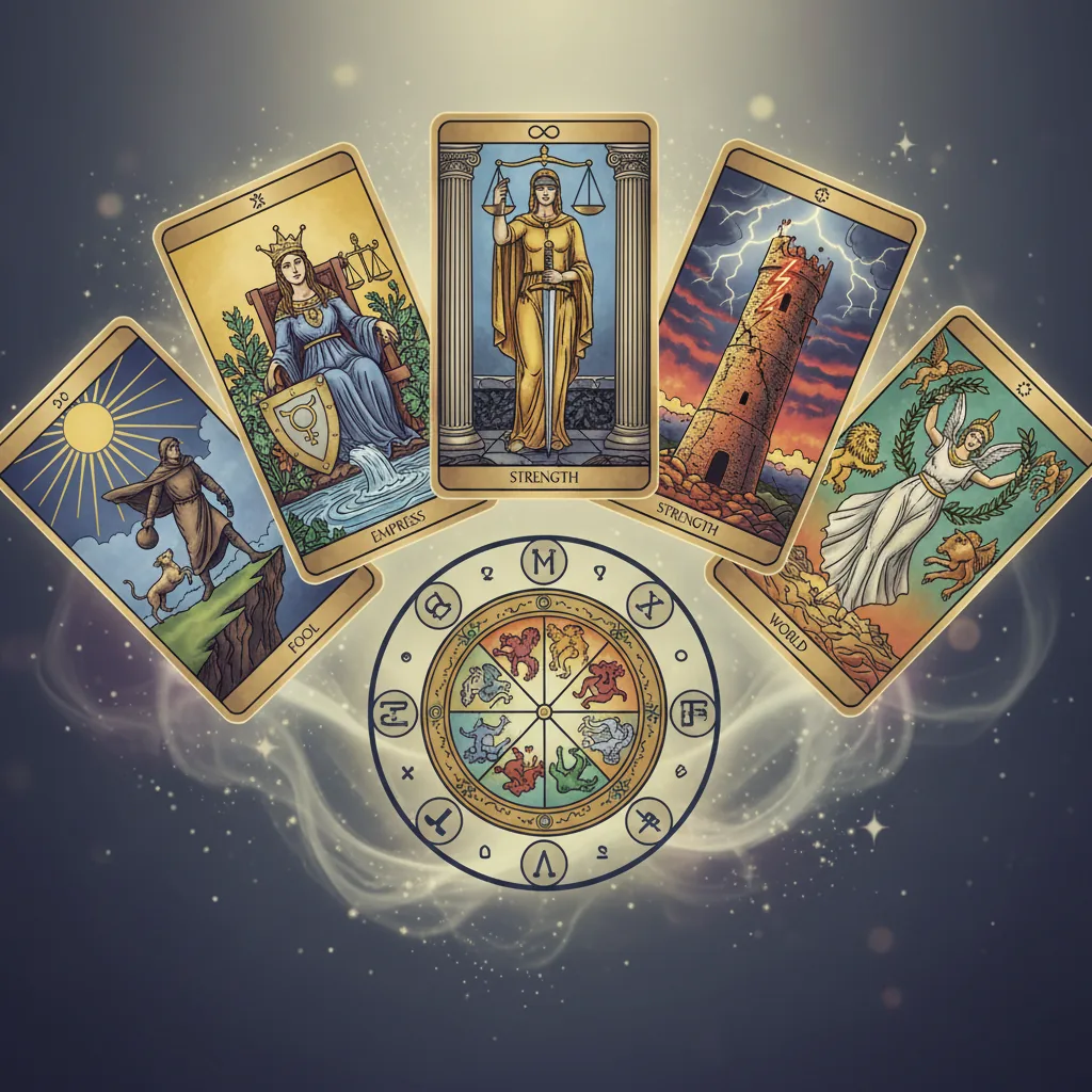 Sete cartas dos Arcanos Maiores do tarô dispostas misticamente, representando a jornada de autoconhecimento.