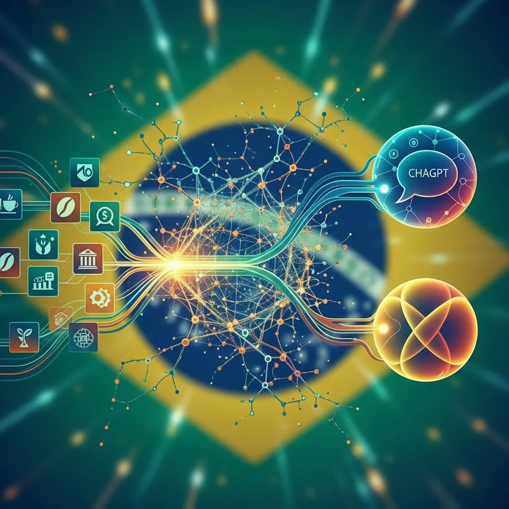 Ilustração abstrata de uma rede neural conectando empresas brasileiras a interfaces de IA, mostrando fluxo de dados.