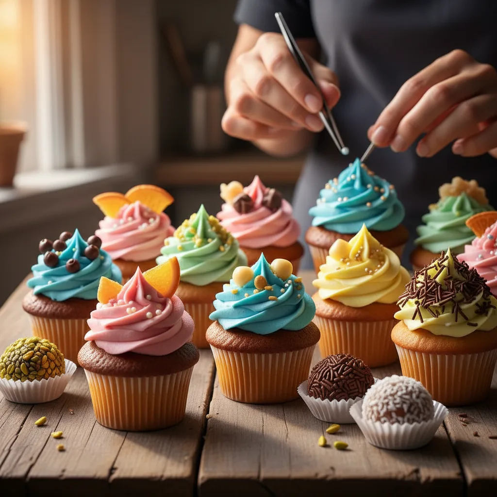 Mesa com doces artesanais coloridos, como cupcakes e brigadeiros, com mãos femininas decorando um doce ao fundo.
