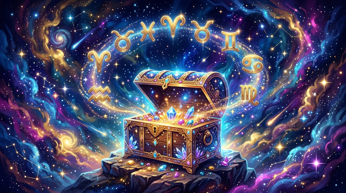 Ilustração artística de constelações zodiacais brilhando sobre moedas de ouro e símbolos de prosperidade em um fundo azul profundo.