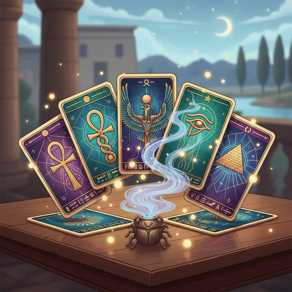 Cartas de Tarô Egípcio com símbolos místicos em ambiente meditativo