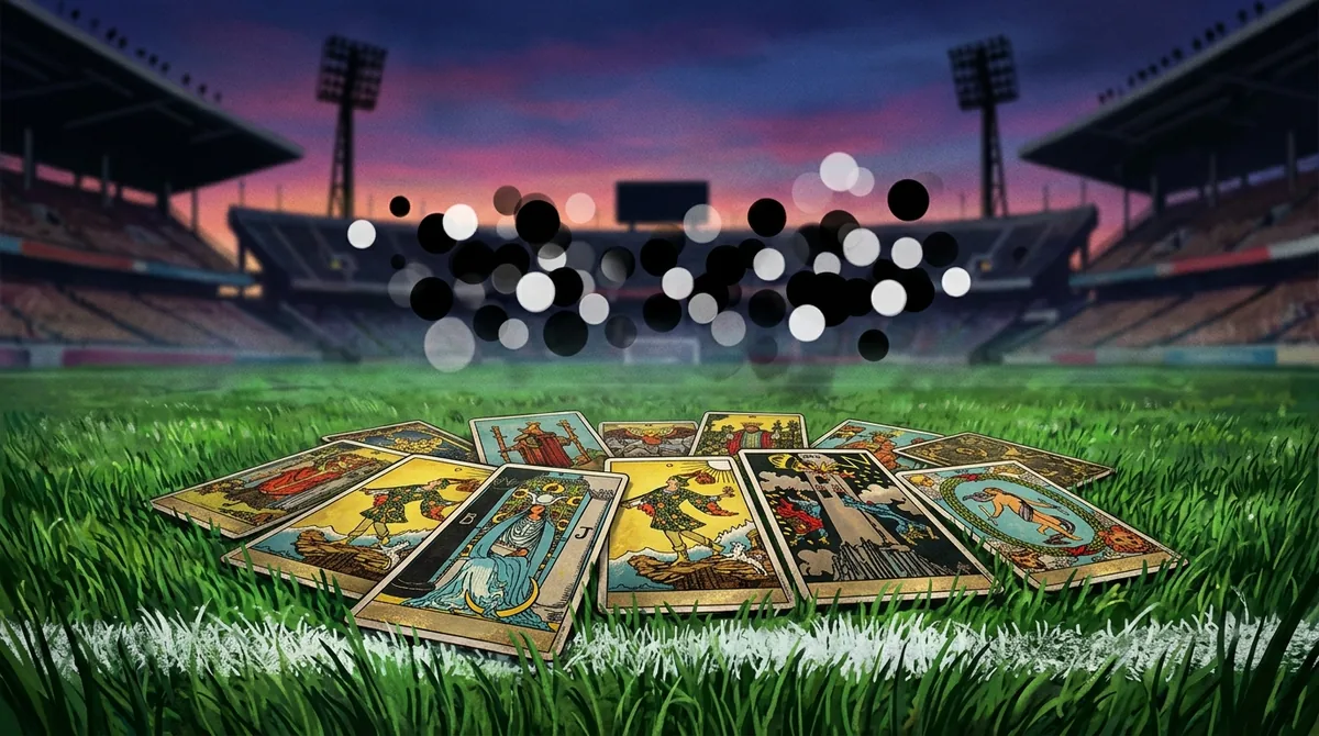 Cartas de tarô sobre um gramado de futebol com as cores do Corinthians ao fundo, desfocado.