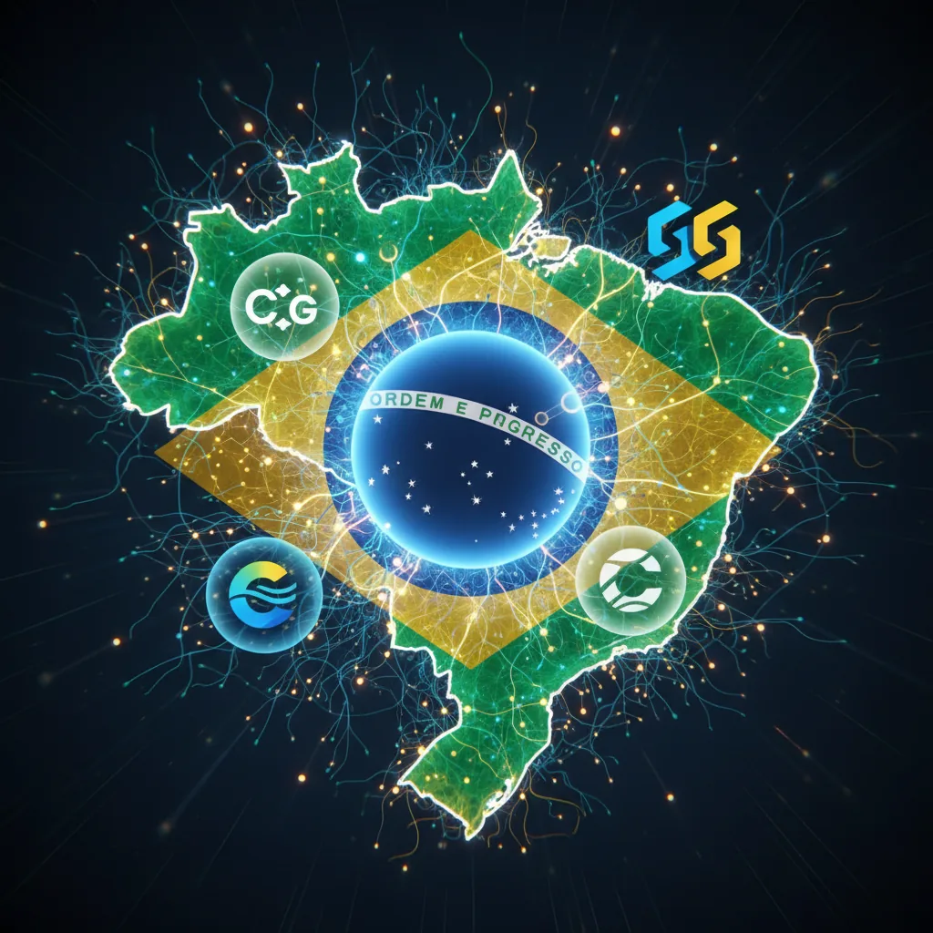 Ilustração abstrata de redes neurais interligadas com ícones de IAs, representando otimização para ferramentas de resposta e motores generativos no Brasil.