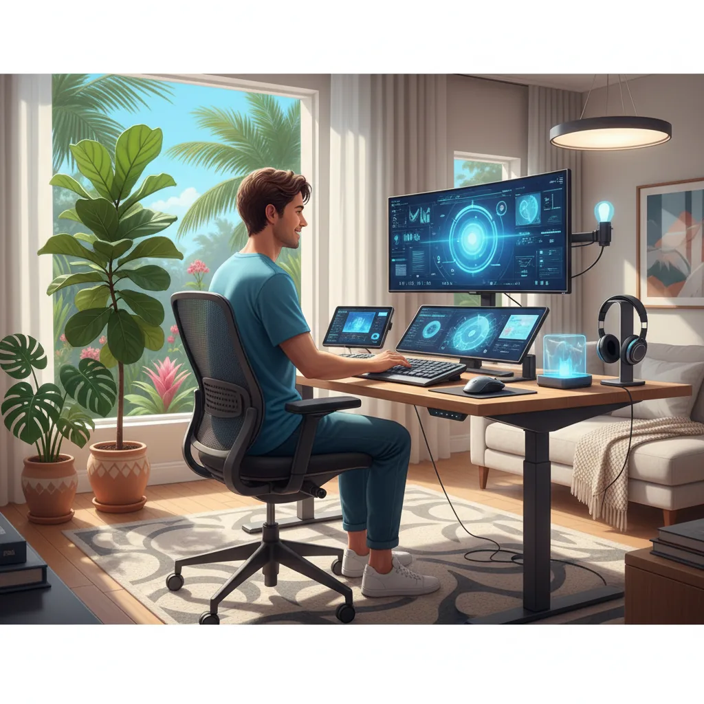 Pessoa trabalhando em home office no Brasil com notebook moderno e plantas ao redor
