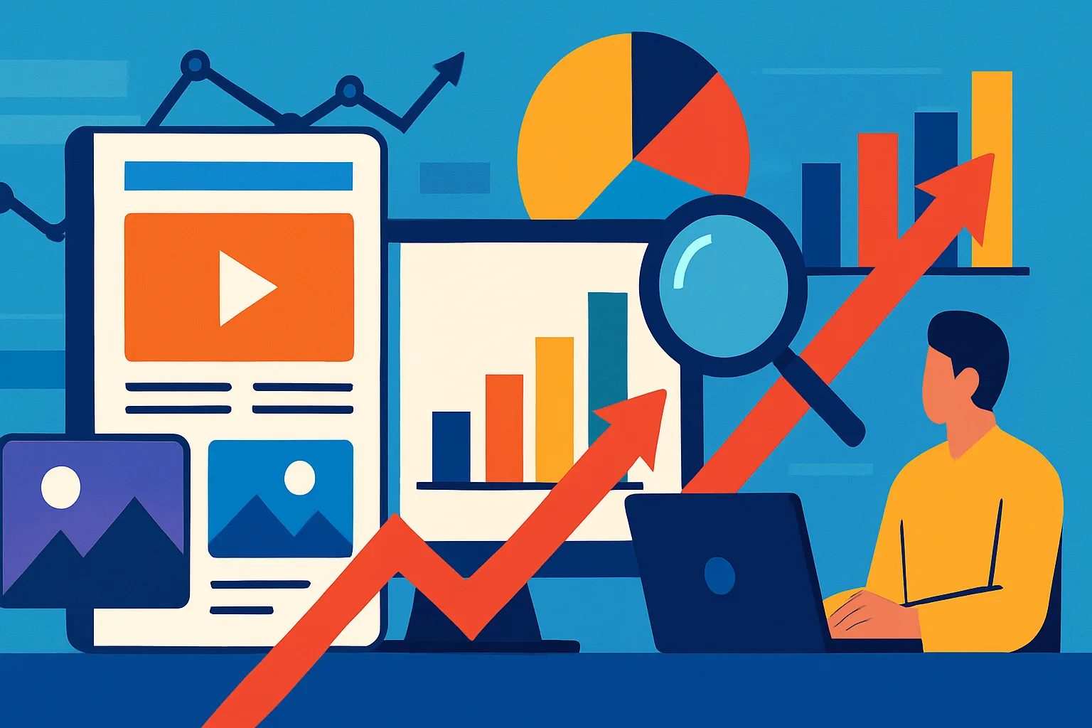 Ilustração profissional mostrando como medir ROI de marketing de conteúdo com gráficos e estratégias