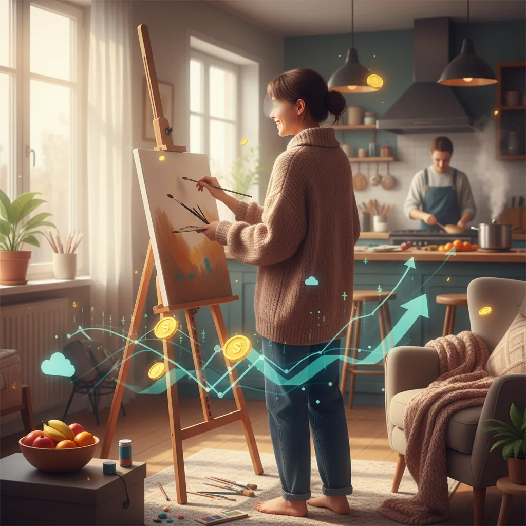 Pessoa engajada em um hobby lucrativo em casa, com símbolos de dinheiro e tecnologia