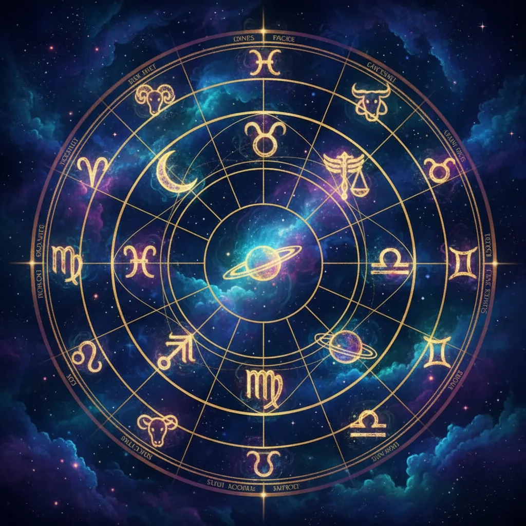 Roda de um mapa astral astrológico com símbolos dos signos e planetas, ilustrando o conceito de astrologia para autoconhecimento em 2026.