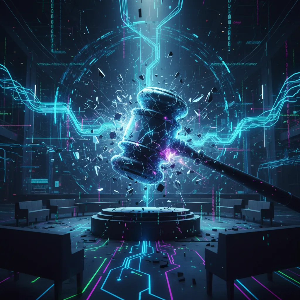 Gavel quebrado em um tribunal digital, simbolizando o debate sobre a responsabilidade legal da IA e o processo contra a OpenAI.