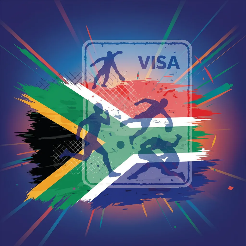 Ilustração abstrata da bandeira da África do Sul com um carimbo de visto estilizado, representando desafios de imigração e o impacto nos esportes.