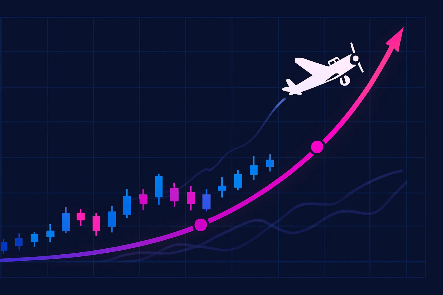Ilustração do gráfico do Aviator com velas azuis, roxas e rosas para leitura técnica