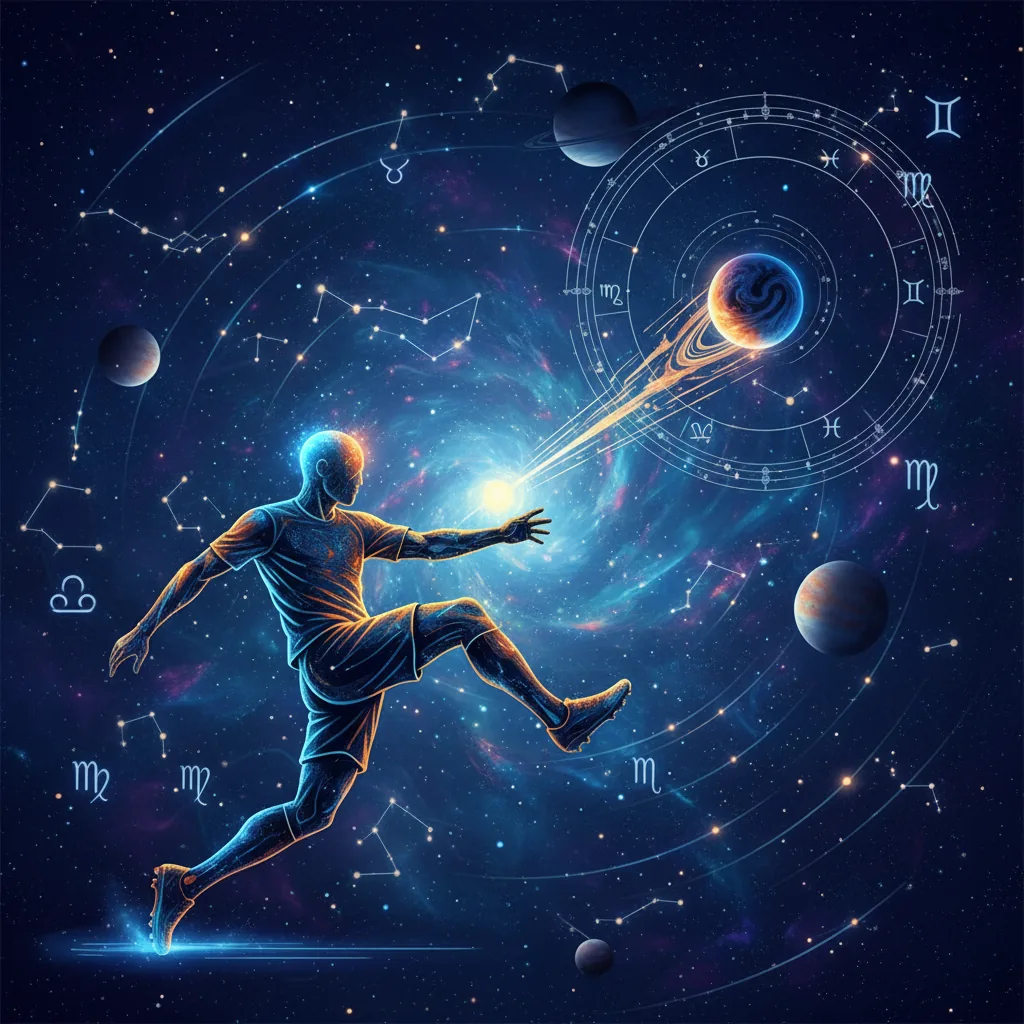 Representação da astrologia na Copa 2026 com um jogador de futebol chutando uma bola em formato de planeta sob um céu estrelado.