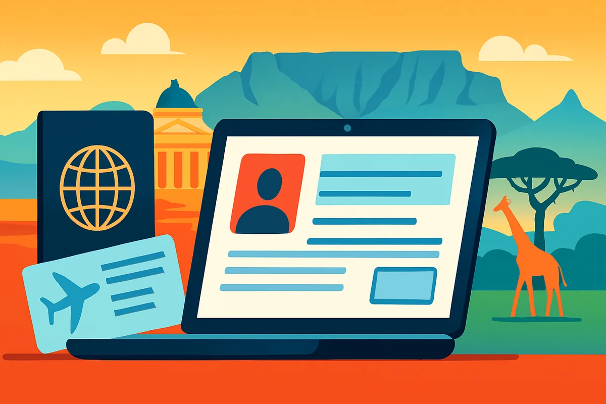 Declaração de viagem online para África do Sul exigida em 2026 mostrando documentos digitais
