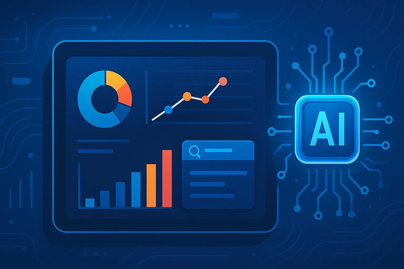 Painel digital moderno exibindo gráficos de SEO e elementos de IA em fundo azul