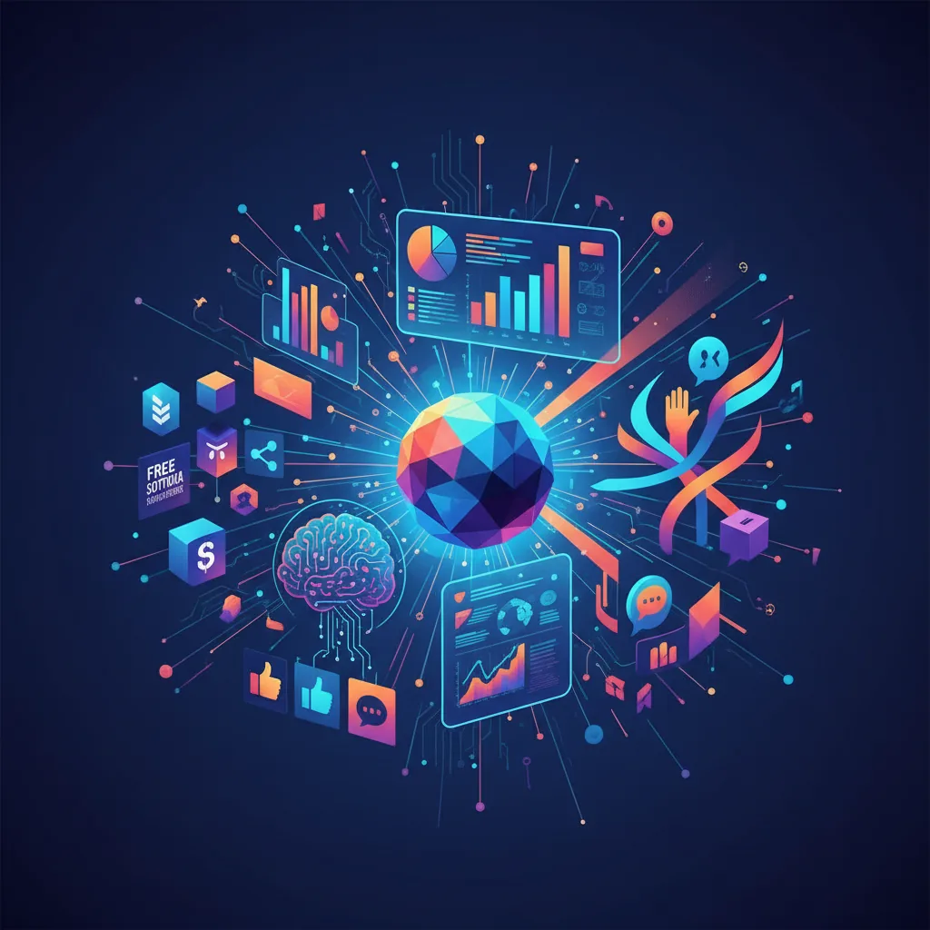 Ilustração de um conjunto de ferramentas digitais, painéis de análise, integração de IA e gráficos de marketing político para campanhas em 2026.