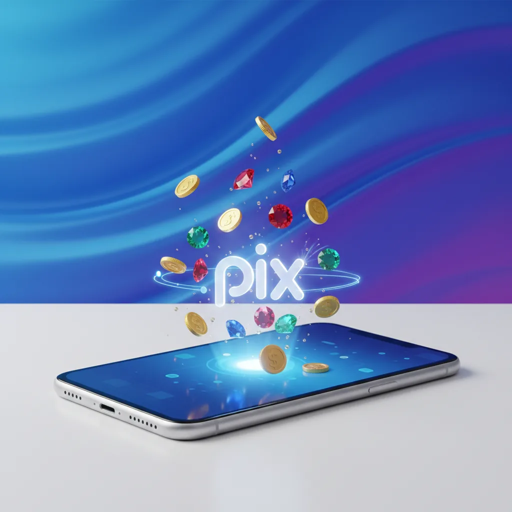 Ilustração de um smartphone exibindo moedas digitais e o logotipo do Pix, representando lucro com jogos.