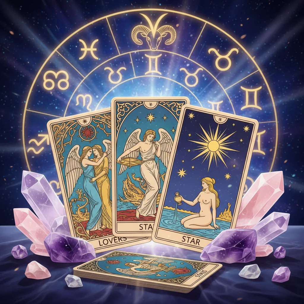 Cartas de tarô e elementos astrológicos flutuando em um ambiente místico para previsão do amor.